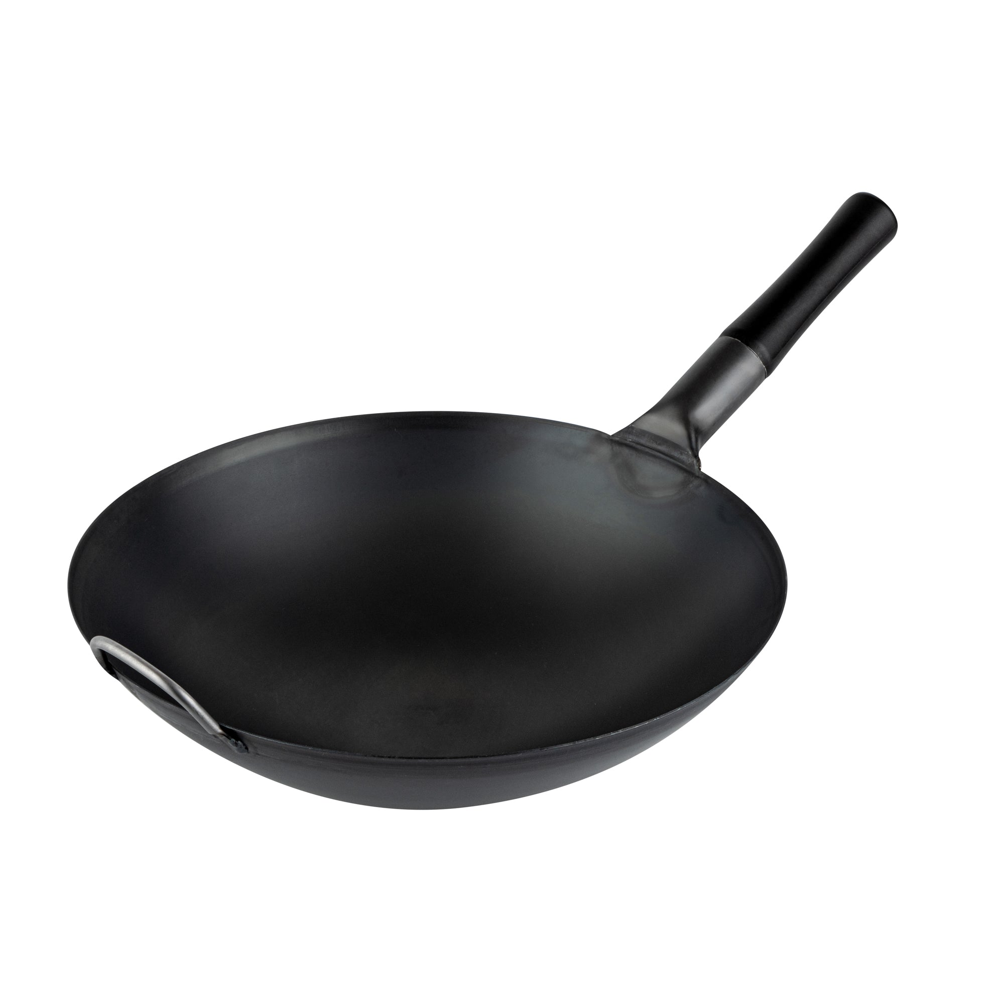 Motomori 14" Black Carbon Steel Round Bottom Wok / Stir Fry Pan - Pre-seasoned, with Wooden Handle - 10 count box