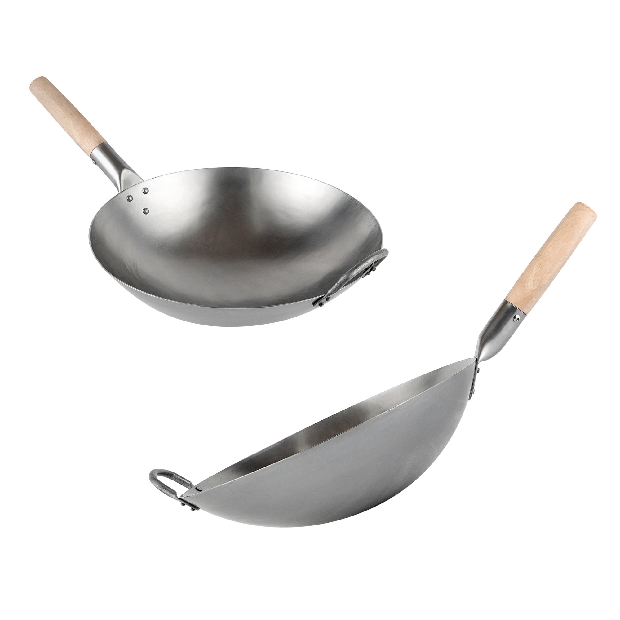 Motomori 14" Carbon Steel Round Bottom Wok / Stir Fry Pan - Hand Hammered, with Wooden Handle - 10 count box