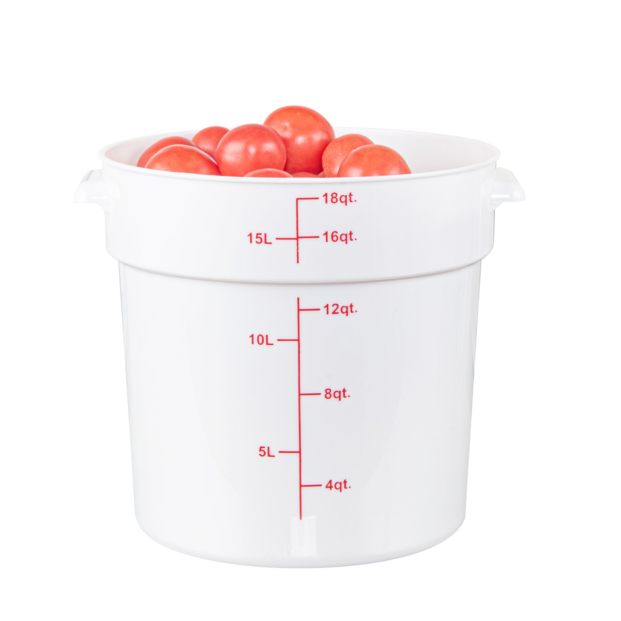 Met Lux 18 qt Round White Plastic Food Storage Container - with Red Volume Markers - 12 1/4" x 12 1/4" x 12" - 10 count box