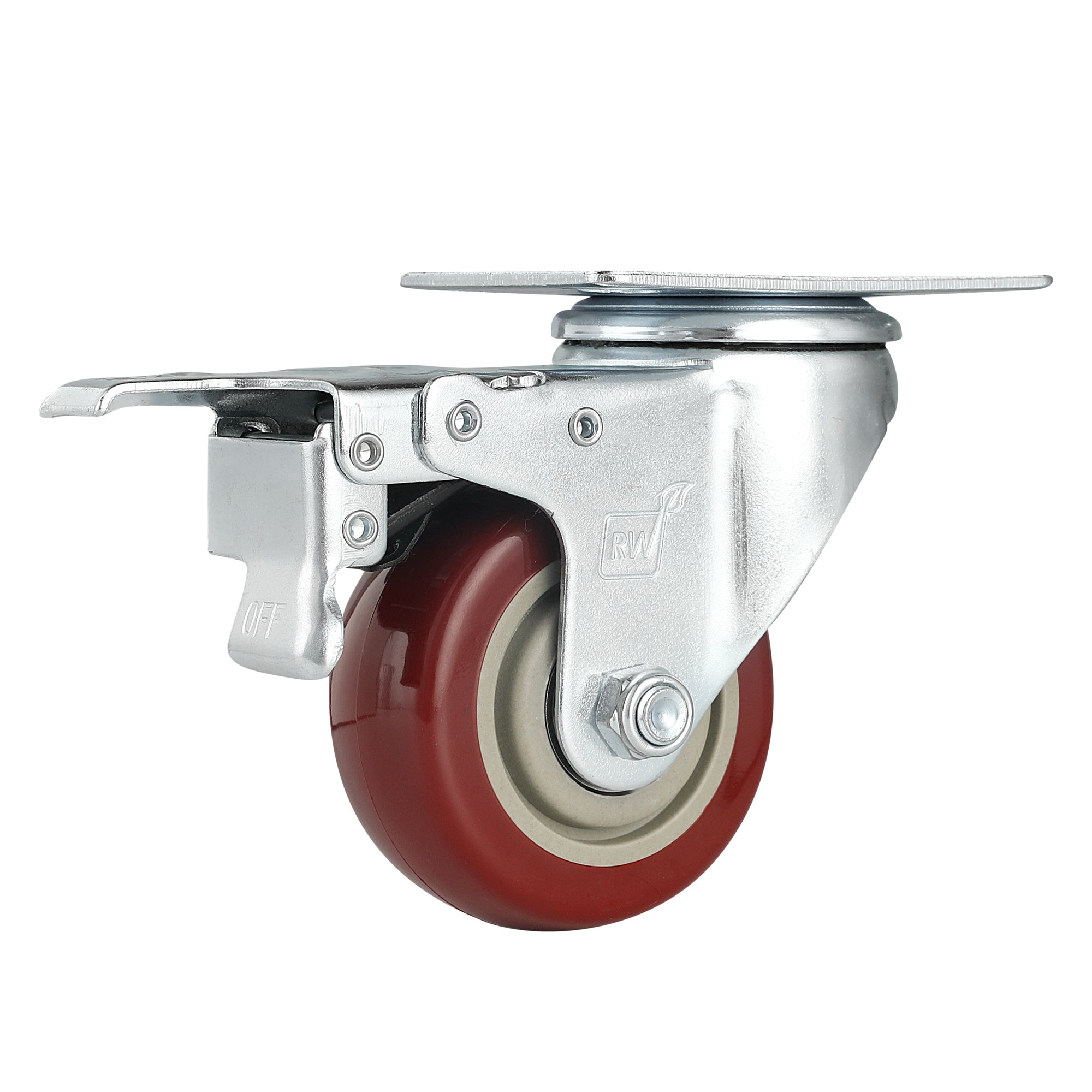 RW Hardware Red Swivel Plate Caster - with Brakes and Mounting Hardware - 3" - 4 count box