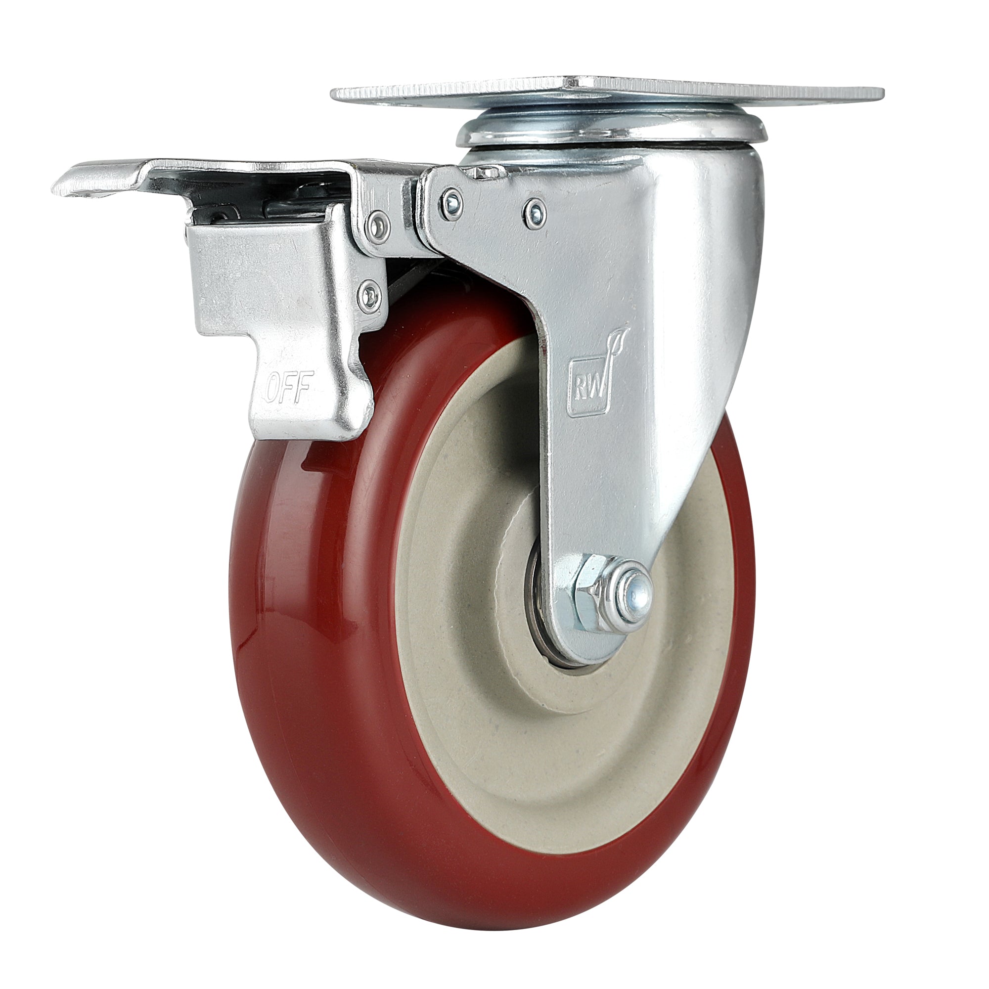 RW Hardware Red Swivel Plate Caster - with Brakes and Mounting Hardware - 5" - 4 count box