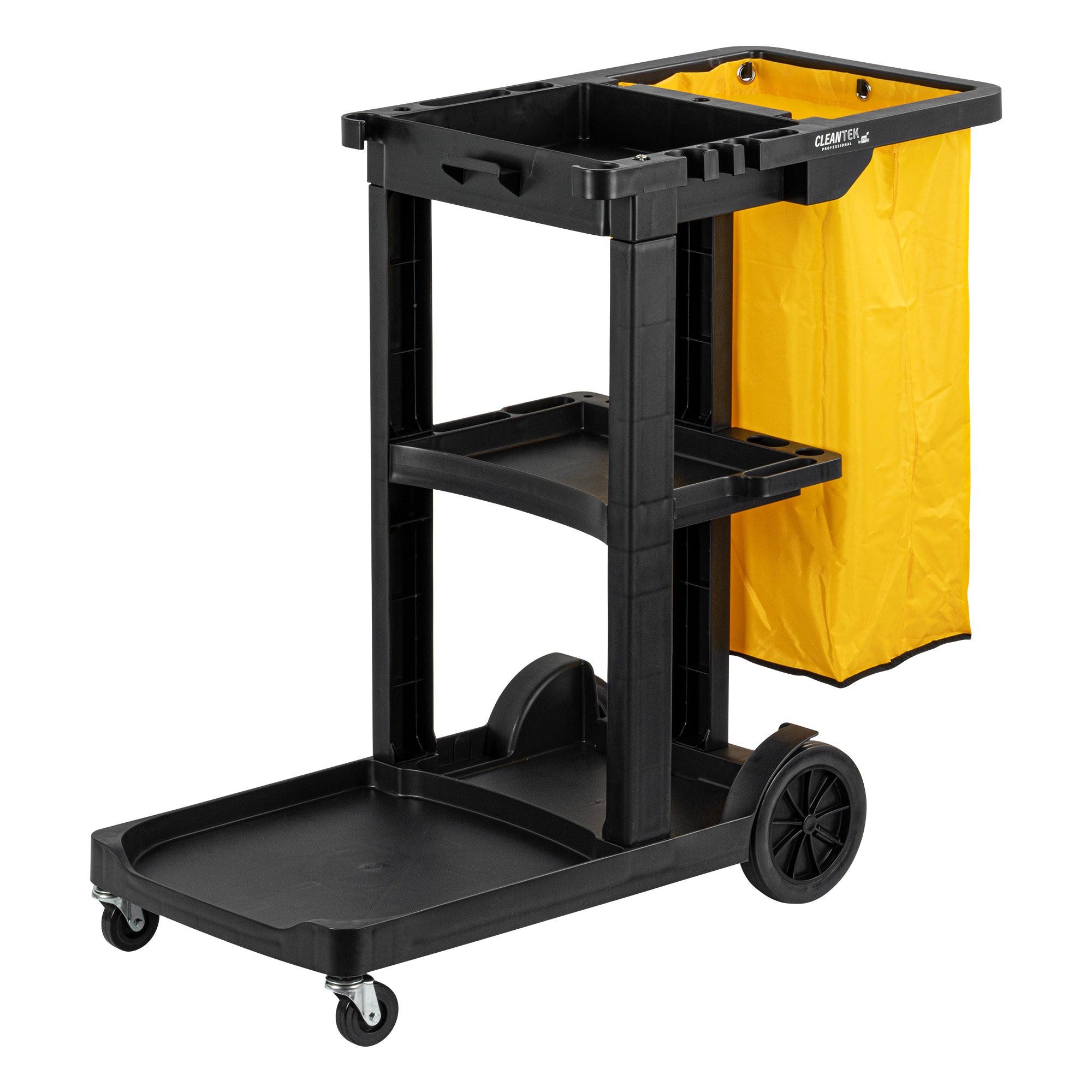 Clean Tek Professional Black 3-Shelf Janitor Cart - 18 gal Bag - 44" x 18 1/2" x 37 3/4" - 1 count box