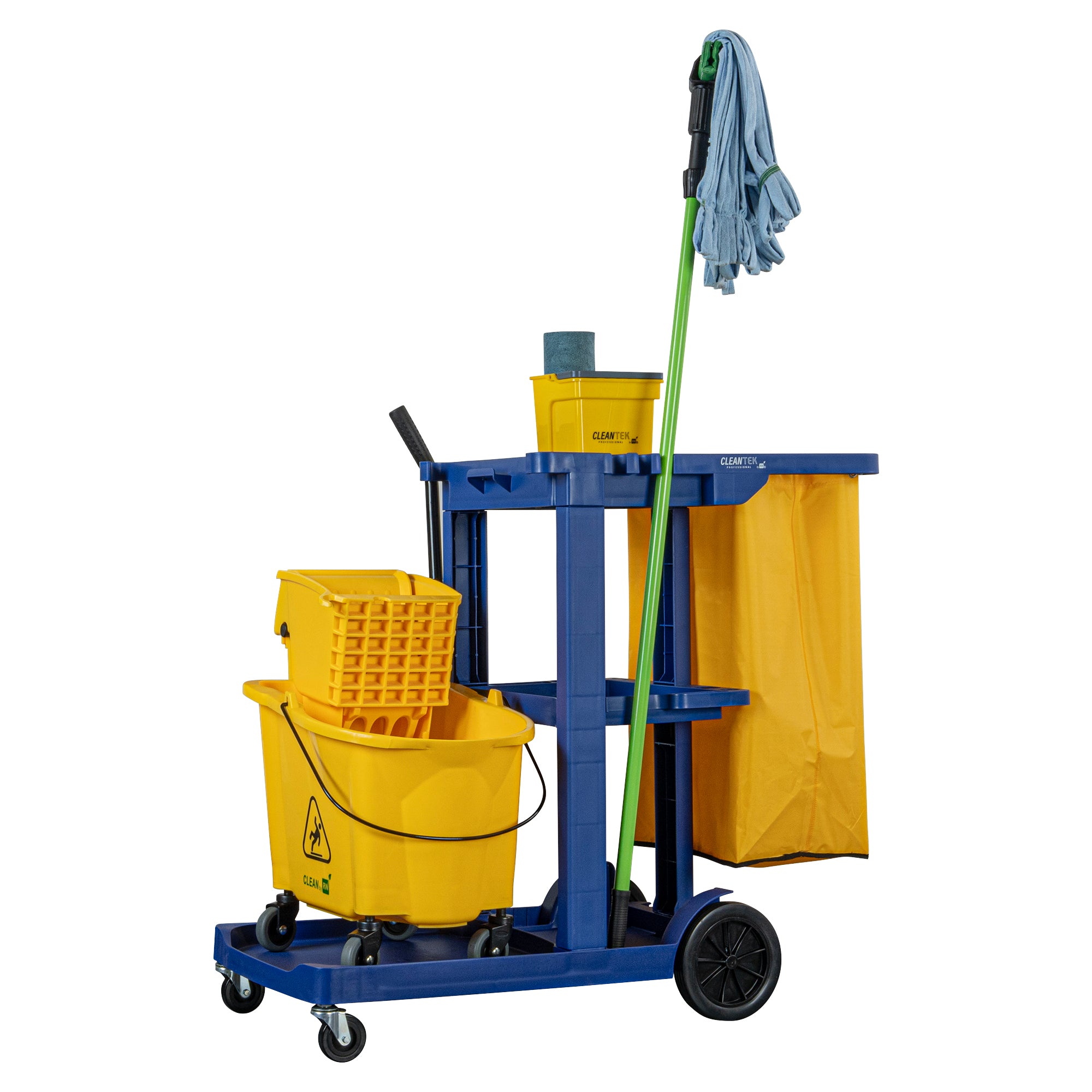 Clean Tek Professional Blue 3-Shelf Janitor Cart - 18 gal Bag - 44" x 18 1/2" x 37 3/4" - 1 count box