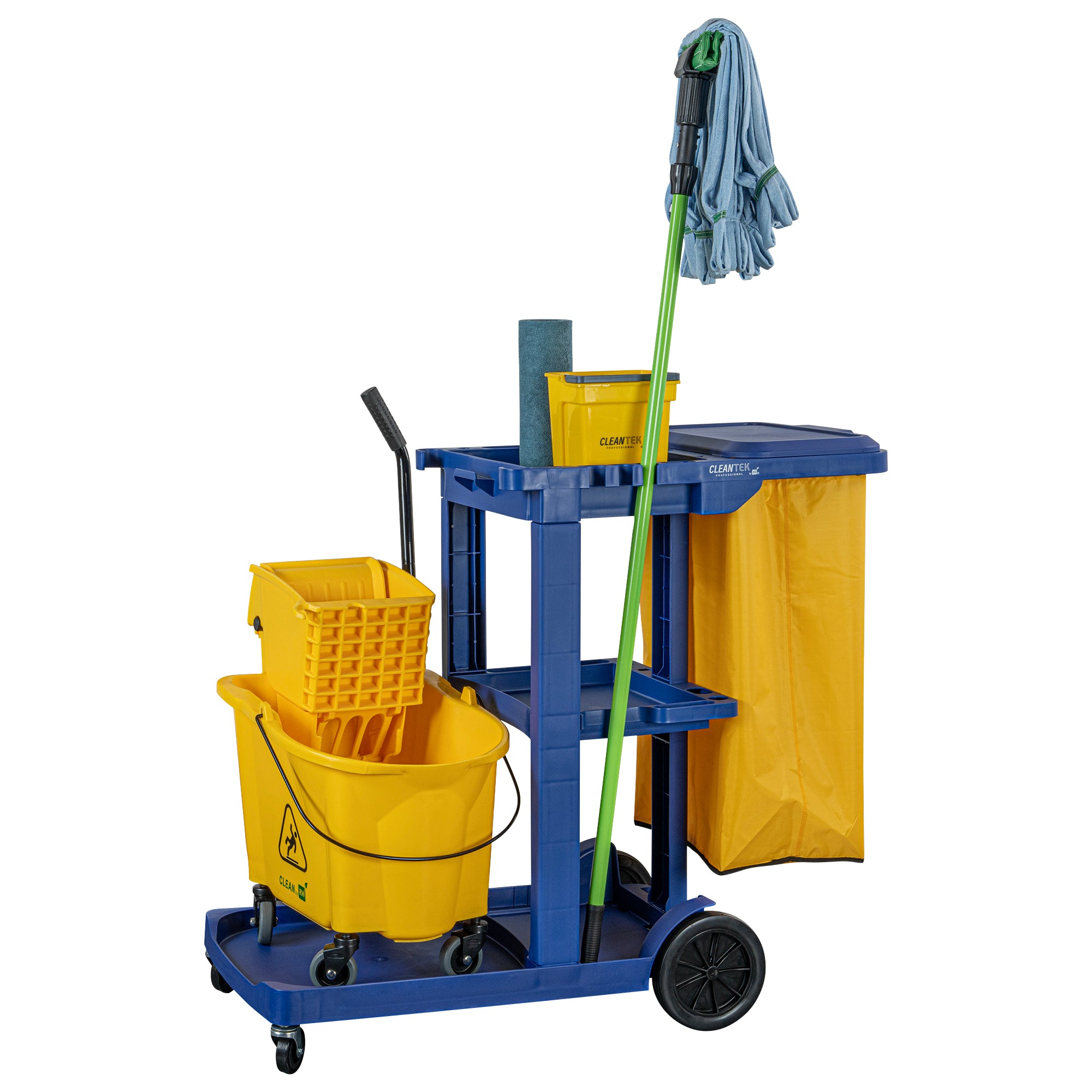 Clean Tek Professional Blue 3-Shelf Janitor Cart - 18 gal Bag, Lid - 44" x 18 1/2" x 39" - 1 count box