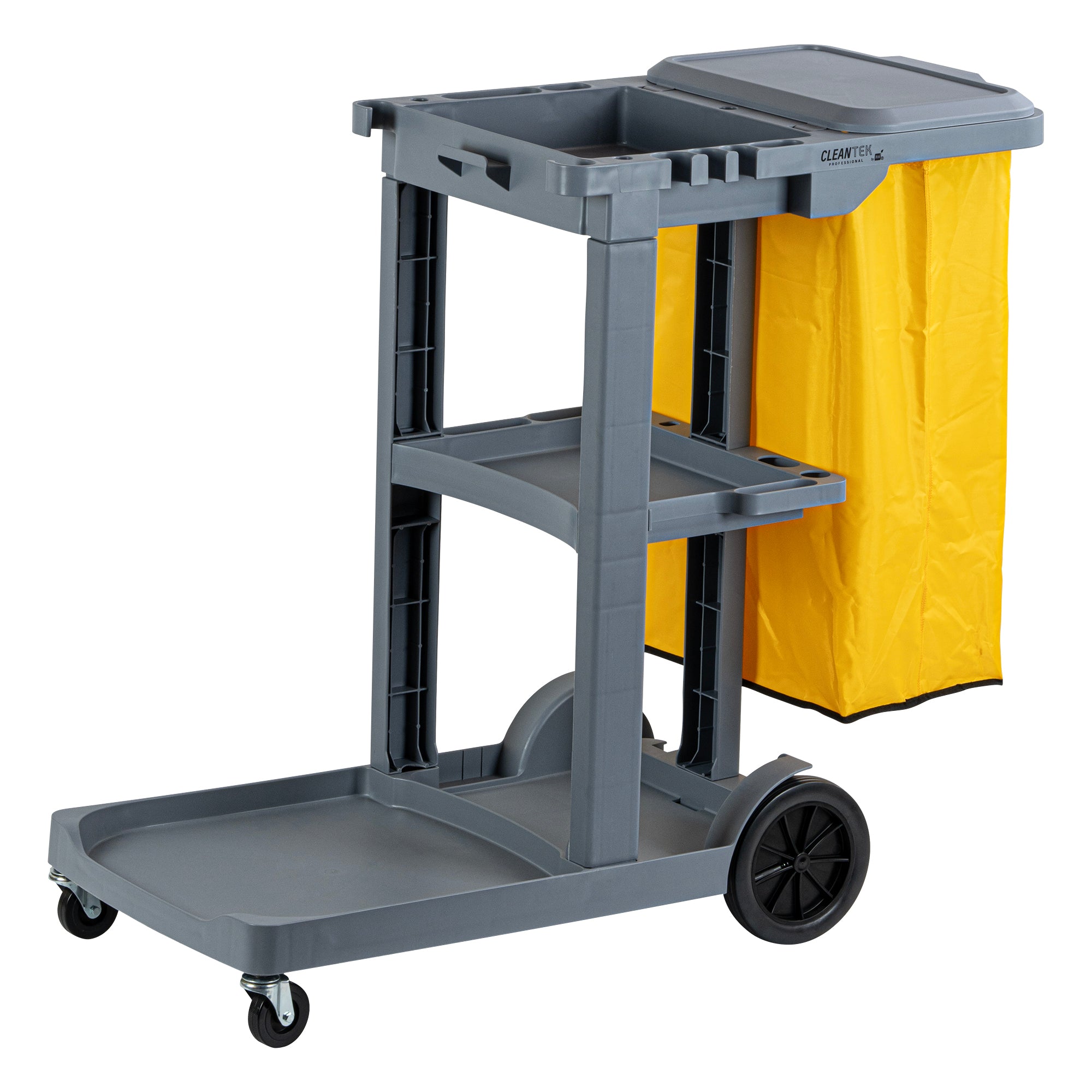 Clean Tek Professional Gray 3-Shelf Janitor Cart - 18 gal Bag, Lid - 44" x 18 1/2" x 39" - 1 count box