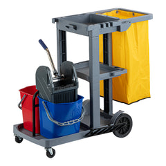 Clean Tek Professional Gray 3-Shelf Janitor Cart - 18 gal Bag, 2 Buckets, Wringer - 44