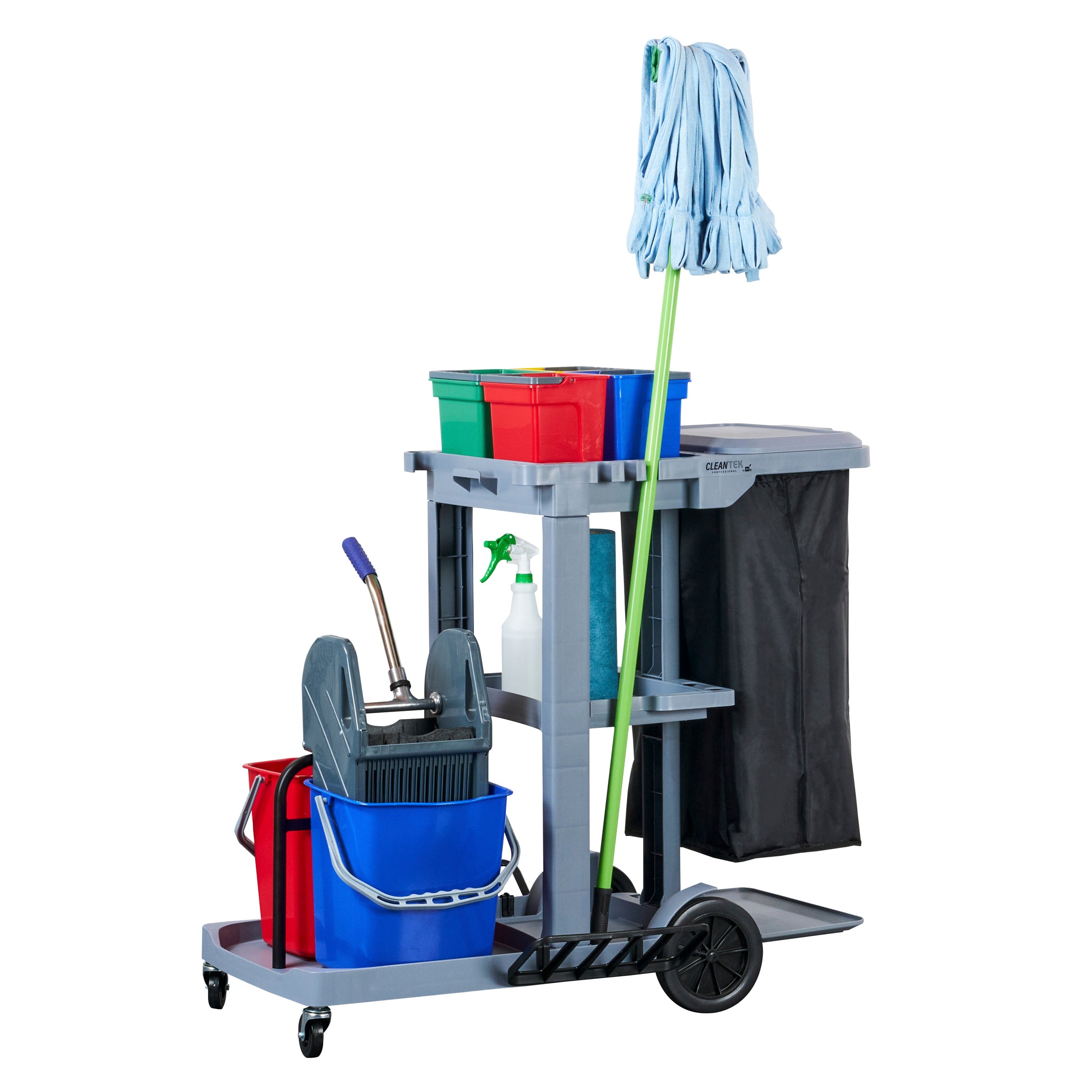 Clean Tek Professional Gray 3-Shelf Janitor Cart - 18 gal Bag, Lid, 6 Buckets and 1 Wringer - 44" x 28" x 43 1/4" - 1 count box