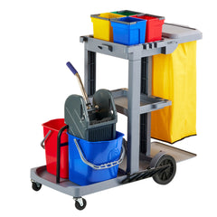 Clean Tek Professional Gray 3-Shelf Janitor Cart - 18 gal Bag, Lid, 6 Buckets and 1 Wringer - 44