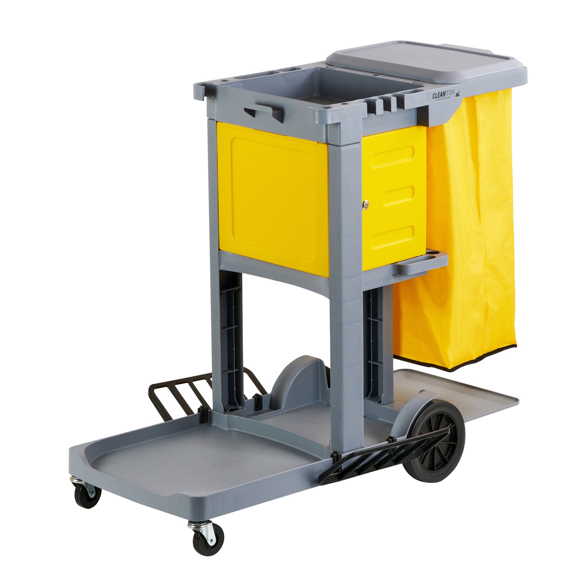 Clean Tek Professional Gray 3-Shelf Janitor Cart - 18 gal Bag, Lid, Locking Cabinet - 44" x 28" x 39" - 1 count box