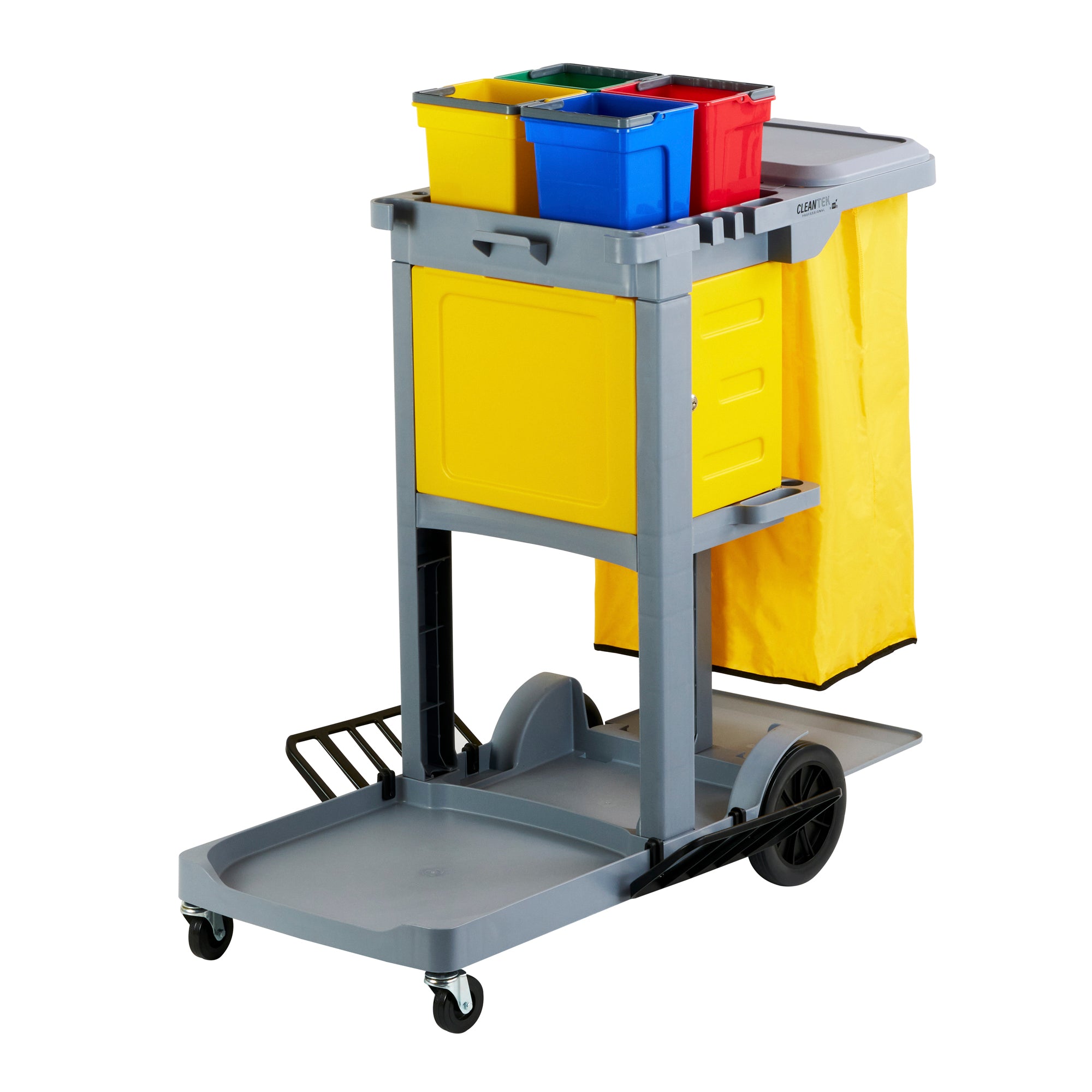 Clean Tek Professional Gray 3-Shelf Janitor Cart - 18 gal Bag, Lid, 4 Buckets and 1 Locking Cabinet - 44" x 28" x 43 1/4" - 1 count box