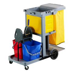 Clean Tek Professional Gray 3-Shelf Janitor Cart - 18 gal Bag, Lid, 2 Buckets, 1 Wringer and 1 Locking Cabinet - 44