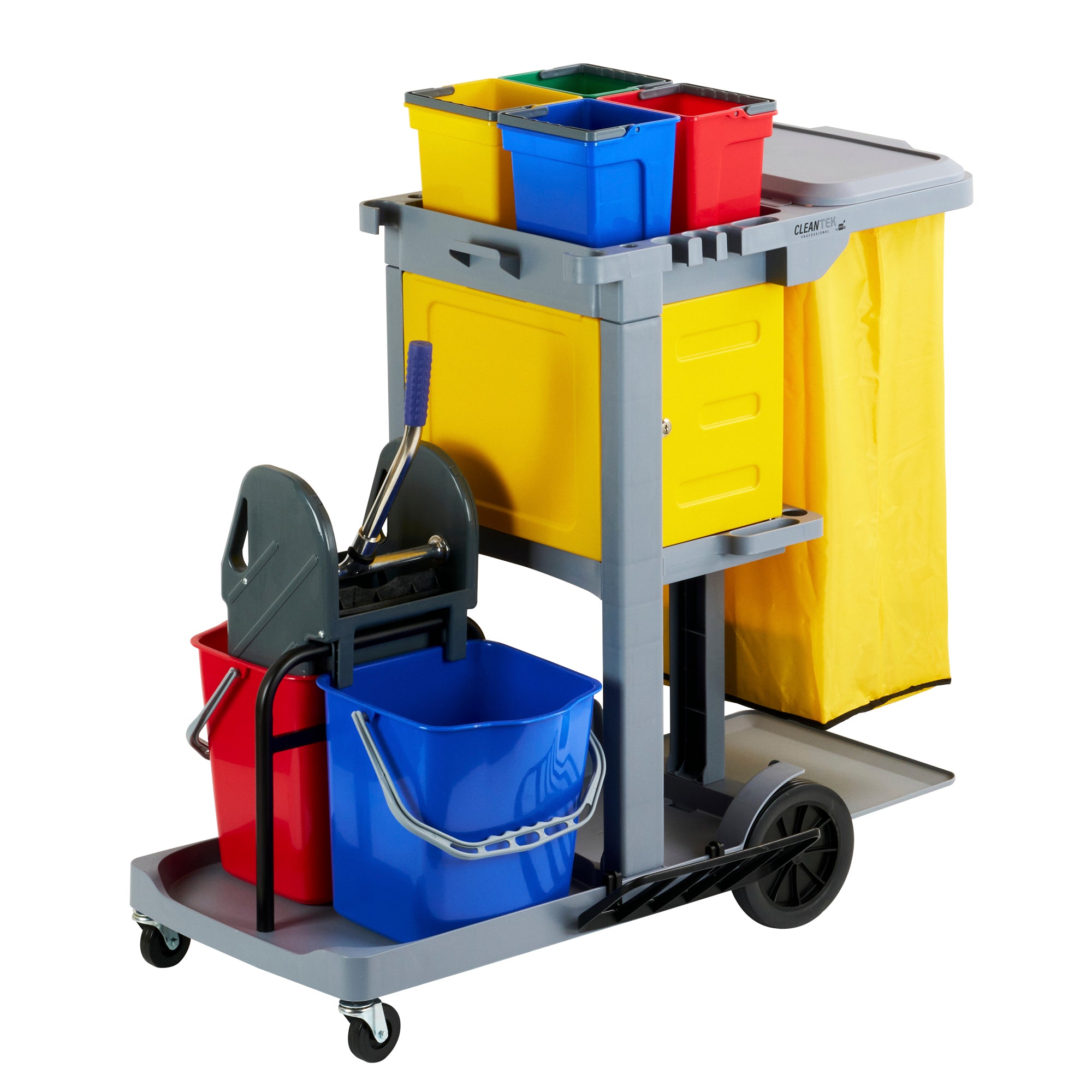 Clean Tek Professional Gray 3-Shelf Janitor Cart - 18 gal Bag, Lid, 6 Buckets, 1 Wringer and 1 Locking Cabinet - 44" x 28" x 43 1/4" - 1 count box