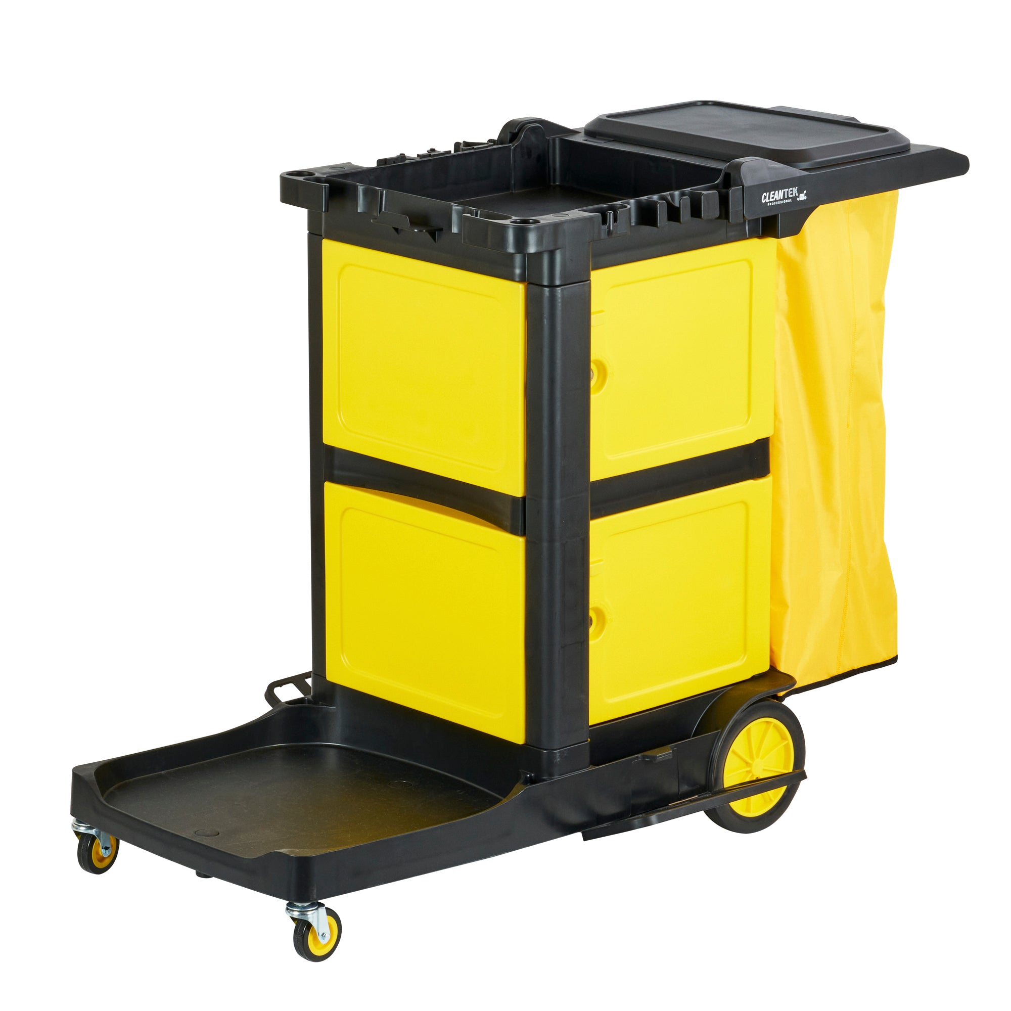 Clean Tek Professional Black Heavy Duty 3-Shelf Janitor Cart - 21 gal Bag, Lid, Double Locking Cabinet - 52 1/4" x 33 1/2" x 39" - 1 count box