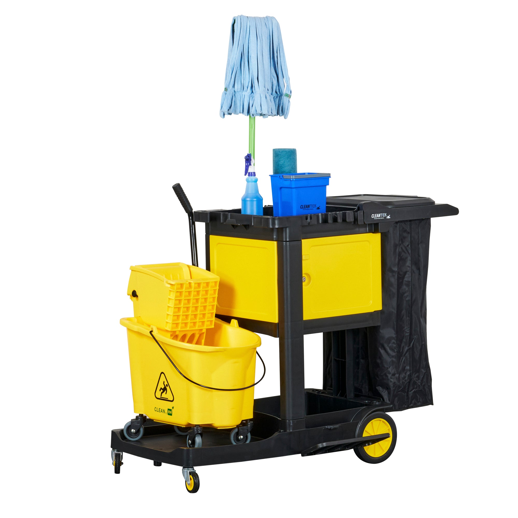 Clean Tek Professional Black Heavy Duty 3-Shelf Janitor Cart - 21 gal Bag, Lid, Single Locking Cabinet - 53 1/2" x 33 1/2" x 39" - 1 count box